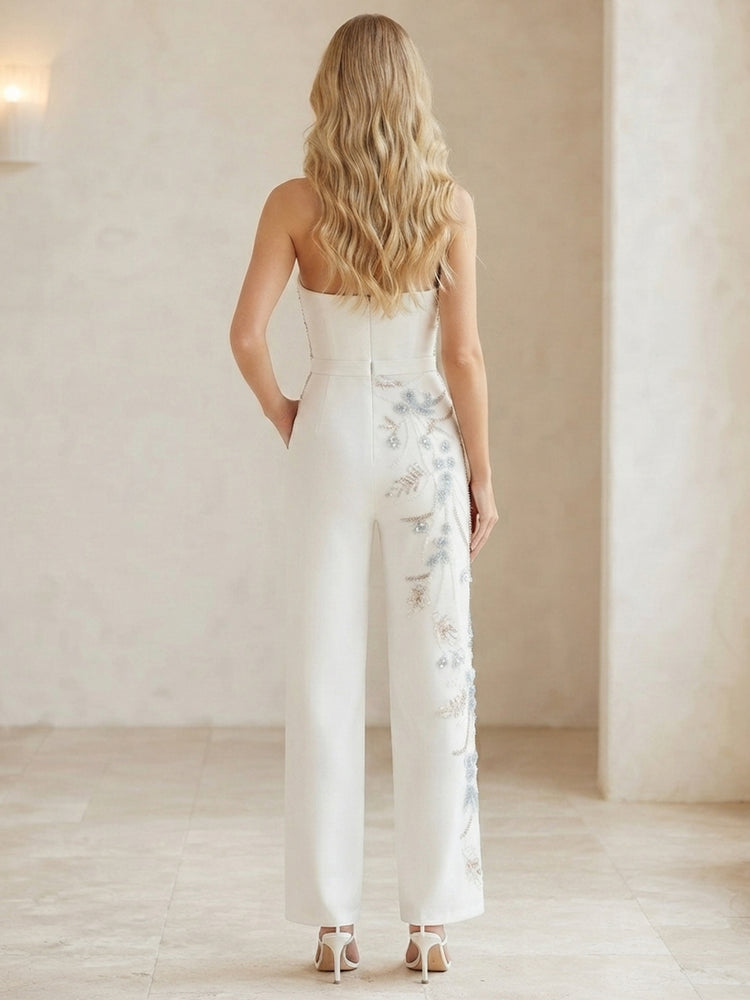 Satin Jumpsuit One Shoulder Long Evening Dresses with Beadings