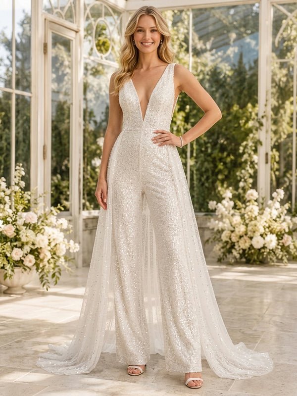 Sequin Jumpsuit V Neck Long Evening Dresses with Sash