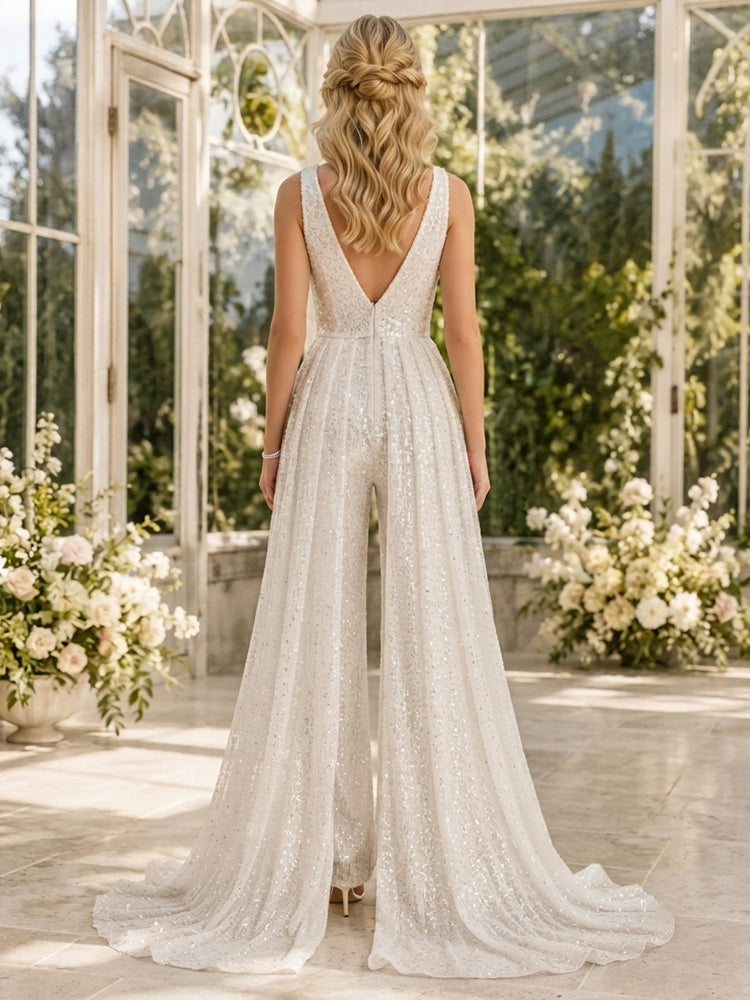 Sequin Jumpsuit V Neck Long Evening Dresses with Sash