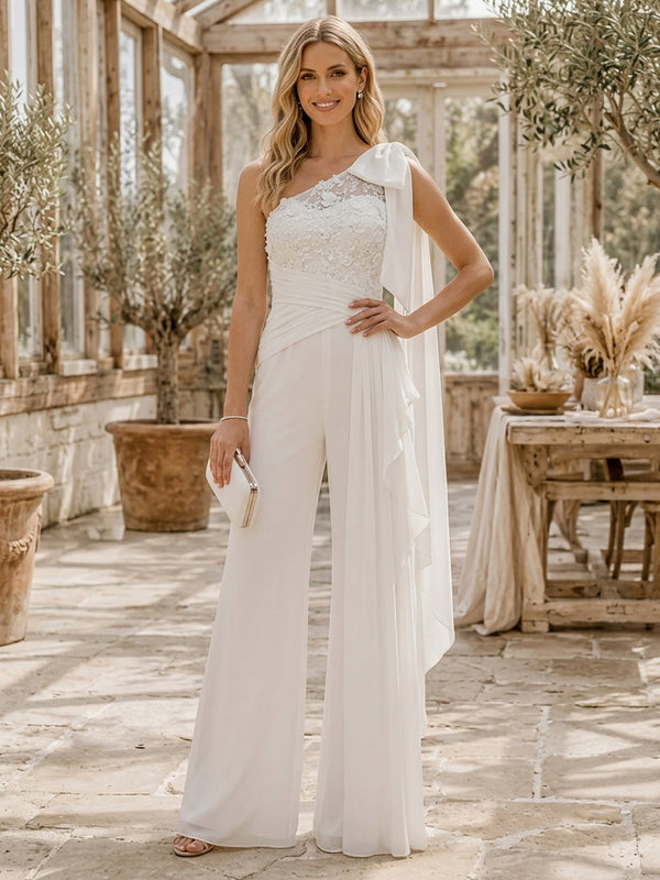 Chiffon Jumpsuit One Shoulder Long Evening Dresses with Lace Applique
