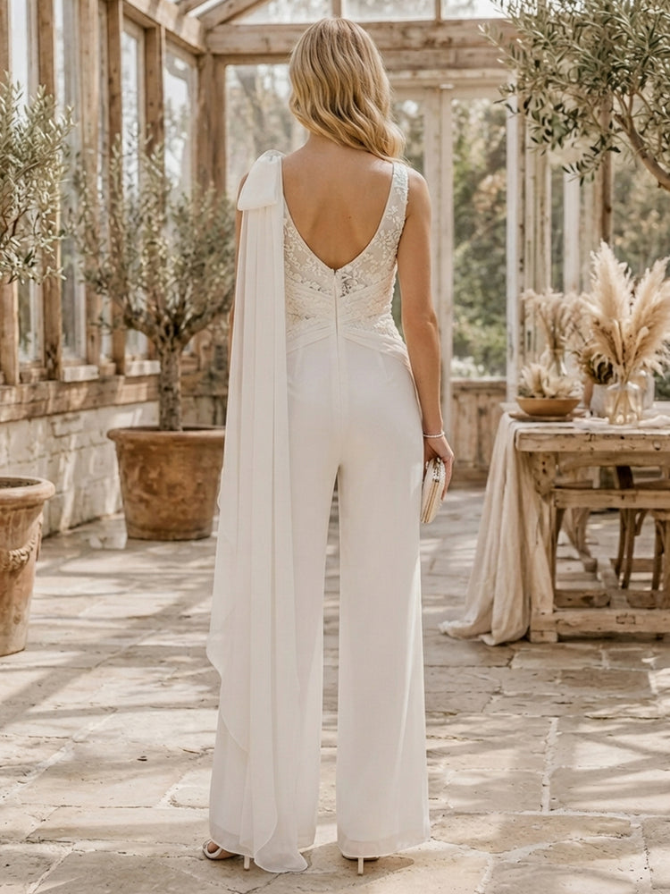 Chiffon Jumpsuit One Shoulder Long Evening Dresses with Lace Applique