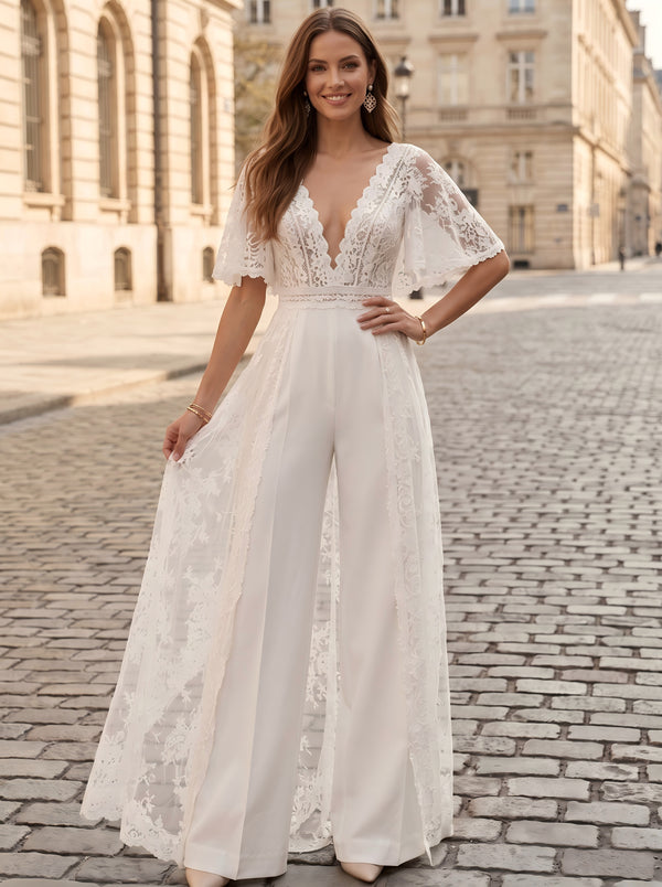 Satin Jumpsuit V Neck Long Evening Dresses with Lace Applique