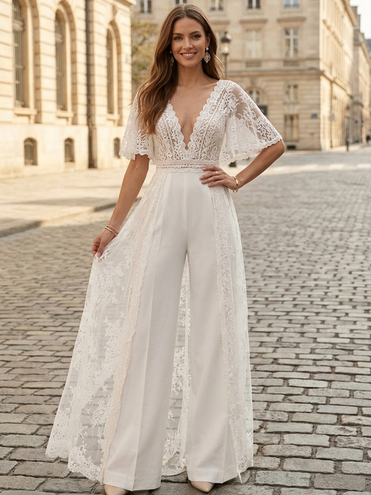 Satin Jumpsuit V Neck Long Evening Dresses with Lace Applique