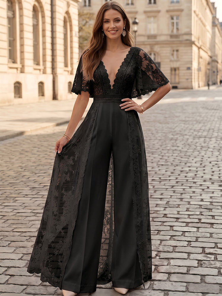 Satin Jumpsuit V Neck Long Evening Dresses with Lace Applique