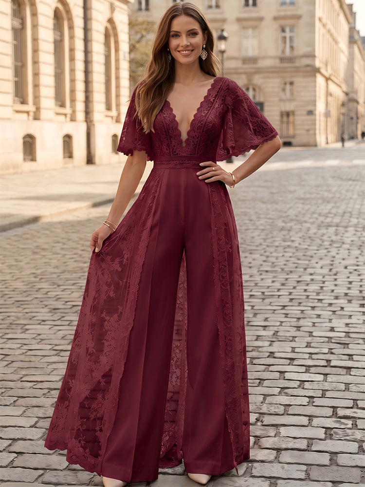 Satin Jumpsuit V Neck Long Evening Dresses with Lace Applique