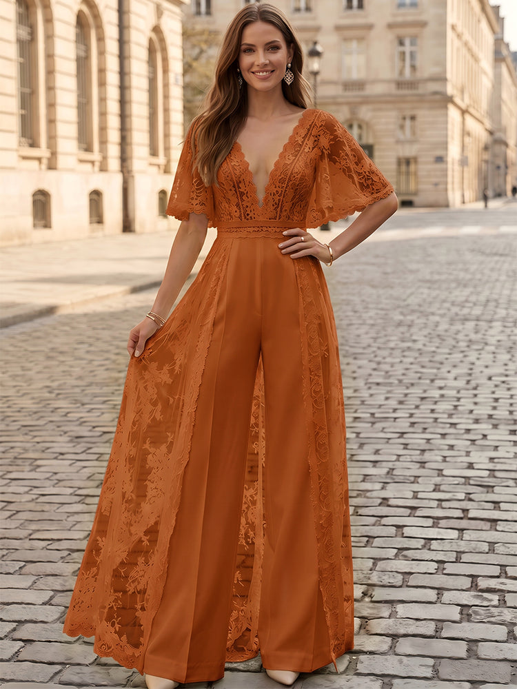 Satin Jumpsuit V Neck Long Evening Dresses with Lace Applique