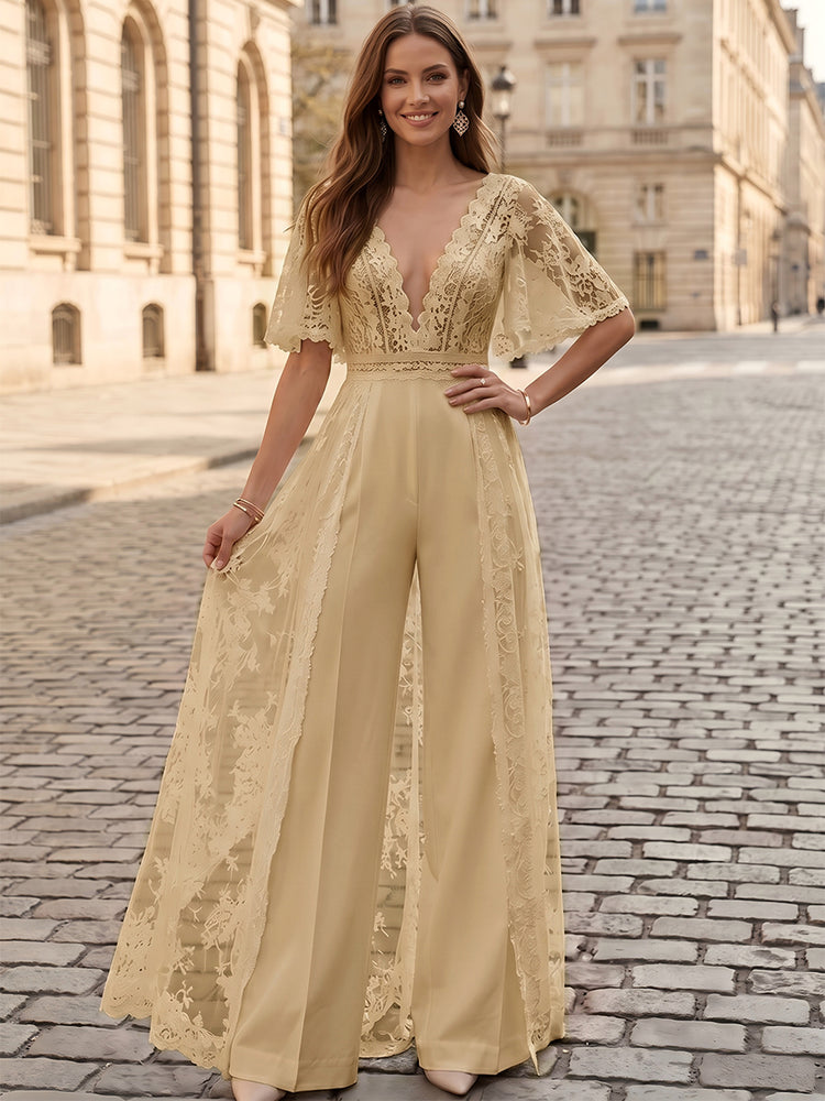 Satin Jumpsuit V Neck Long Evening Dresses with Lace Applique