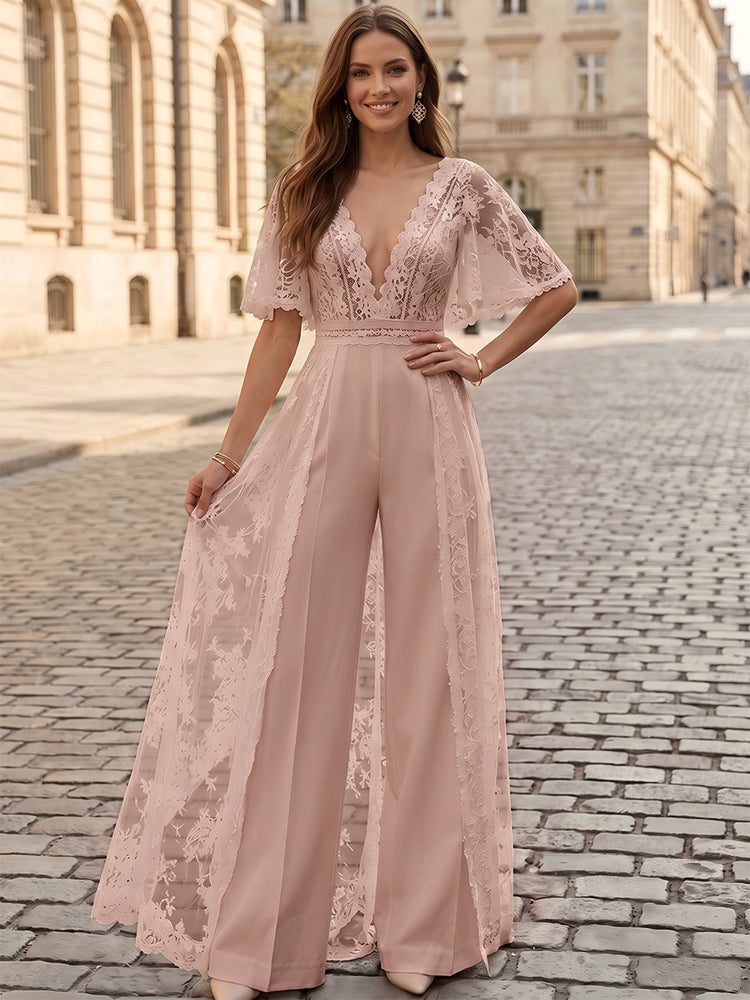 Satin Jumpsuit V Neck Long Evening Dresses with Lace Applique