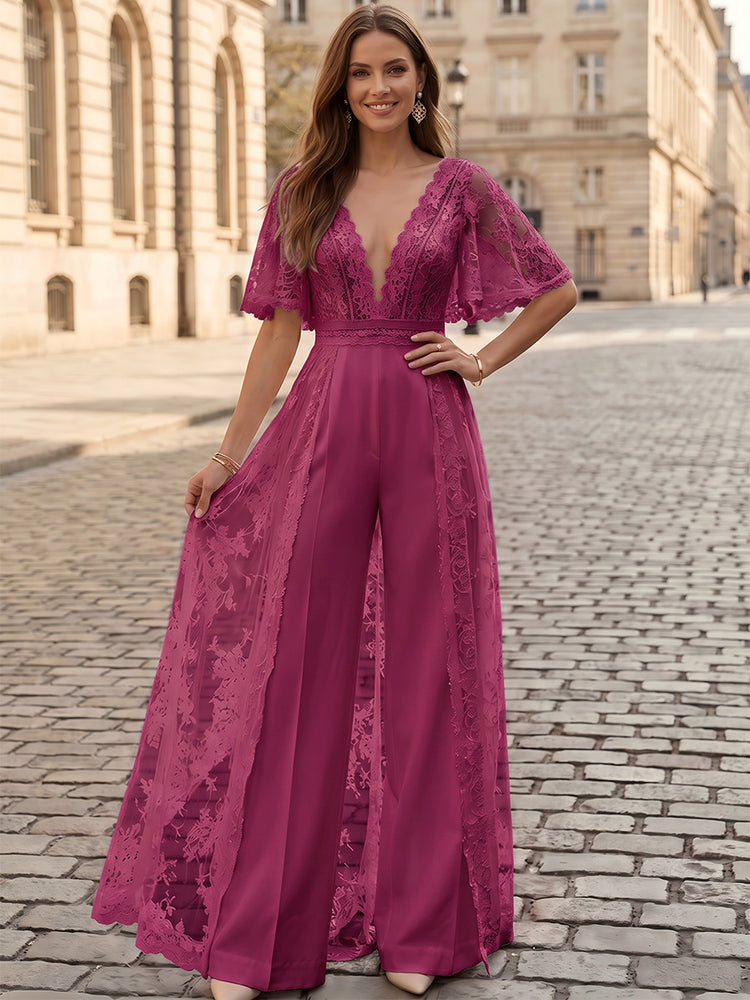 Satin Jumpsuit V Neck Long Evening Dresses with Lace Applique