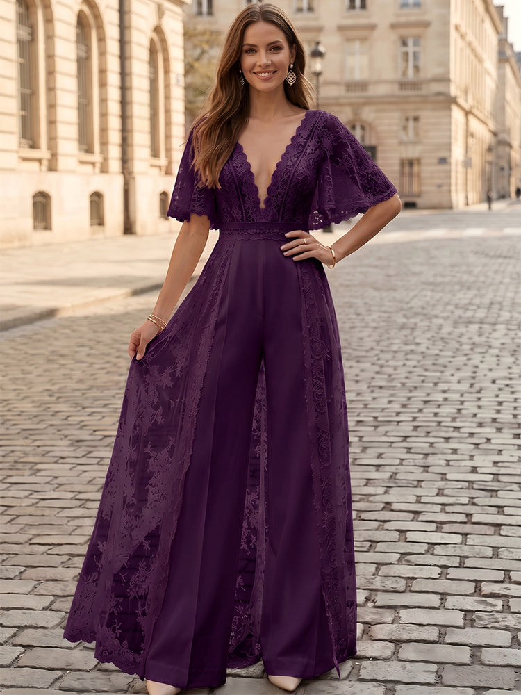 Satin Jumpsuit V Neck Long Evening Dresses with Lace Applique