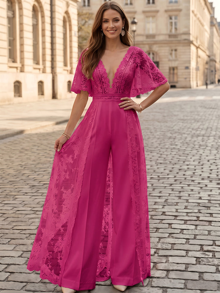 Satin Jumpsuit V Neck Long Evening Dresses with Lace Applique
