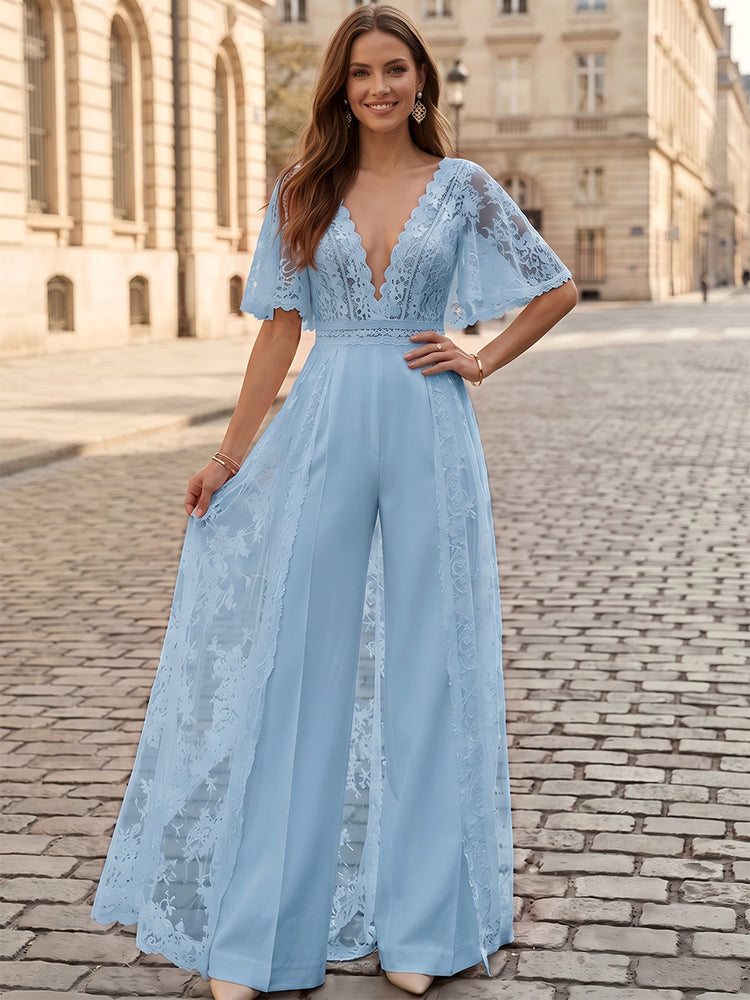 Satin Jumpsuit V Neck Long Evening Dresses with Lace Applique