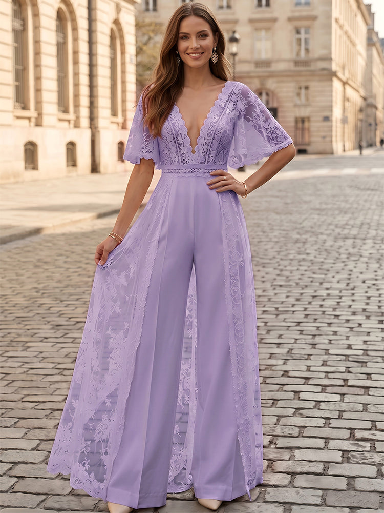 Satin Jumpsuit V Neck Long Evening Dresses with Lace Applique
