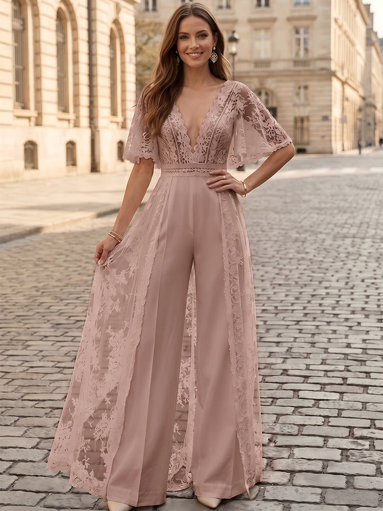 Satin Jumpsuit V Neck Long Evening Dresses with Lace Applique