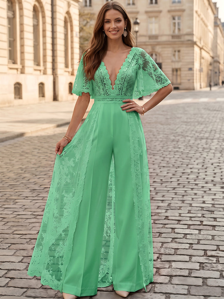 Satin Jumpsuit V Neck Long Evening Dresses with Lace Applique