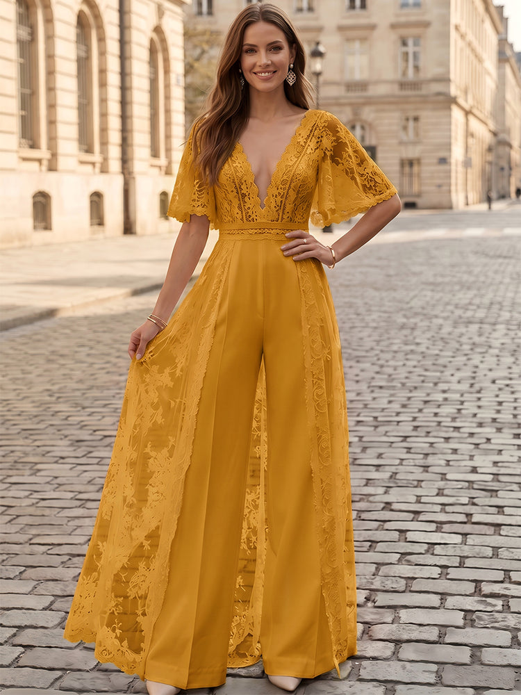 Satin Jumpsuit V Neck Long Evening Dresses with Lace Applique