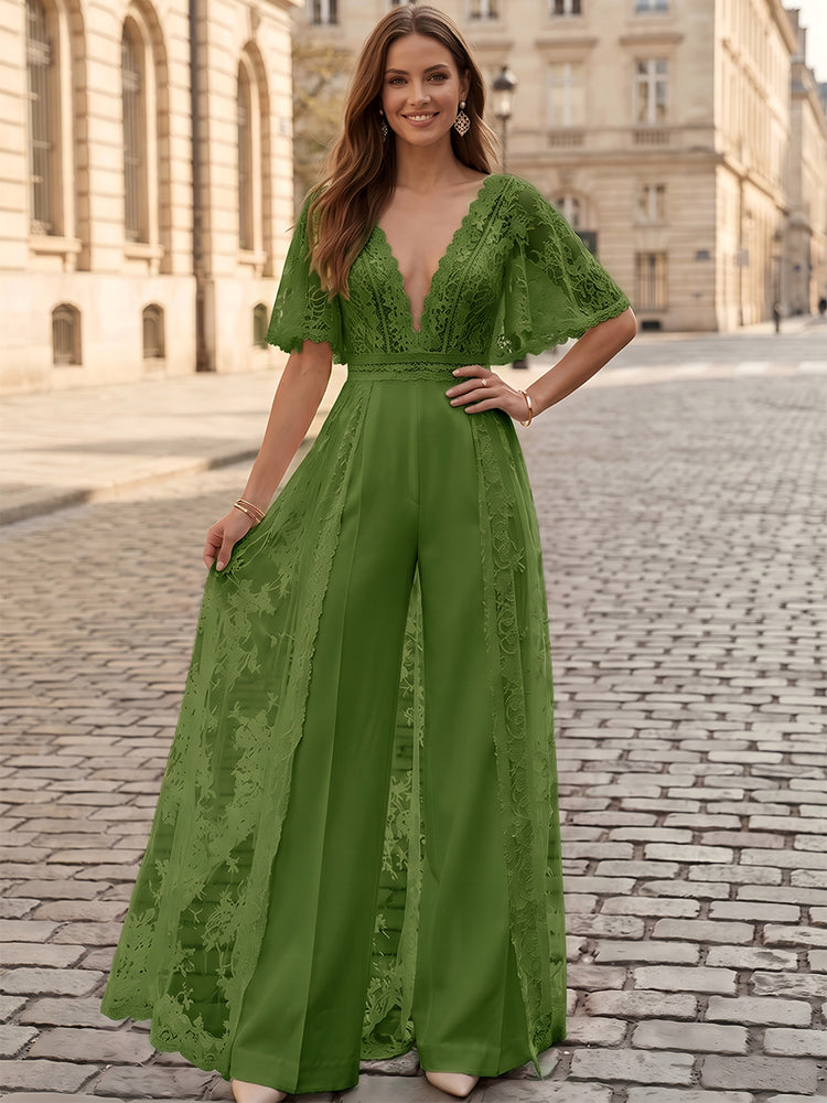 Satin Jumpsuit V Neck Long Evening Dresses with Lace Applique