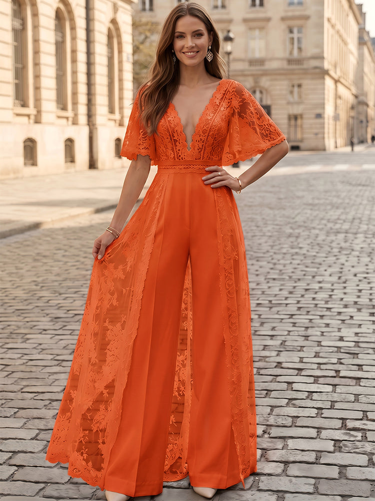 Satin Jumpsuit V Neck Long Evening Dresses with Lace Applique