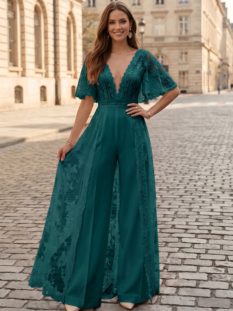 Satin Jumpsuit V Neck Long Evening Dresses with Lace Applique