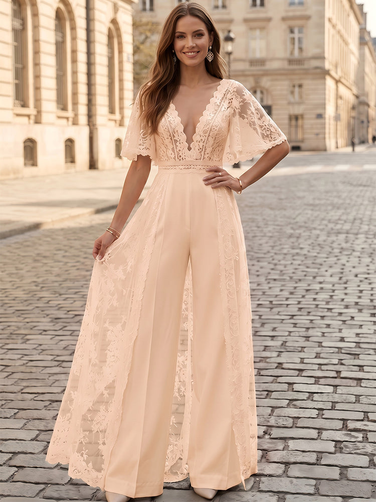 Satin Jumpsuit V Neck Long Evening Dresses with Lace Applique