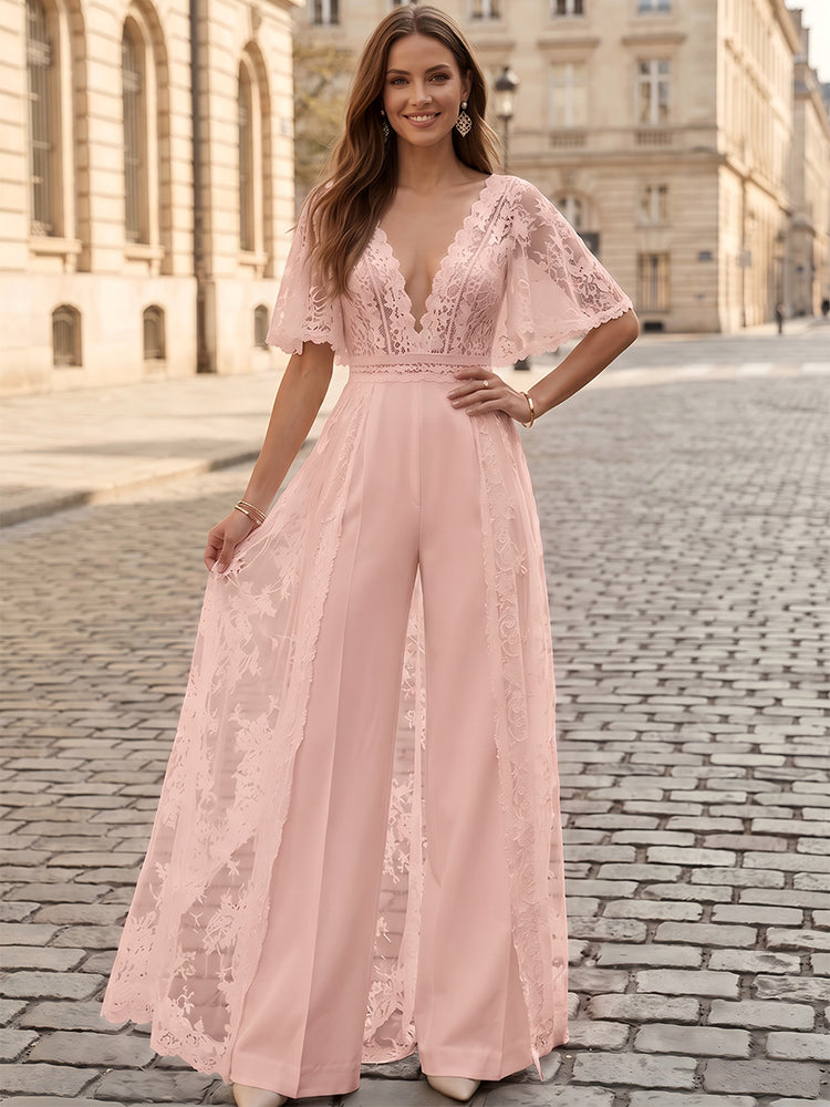 Satin Jumpsuit V Neck Long Evening Dresses with Lace Applique