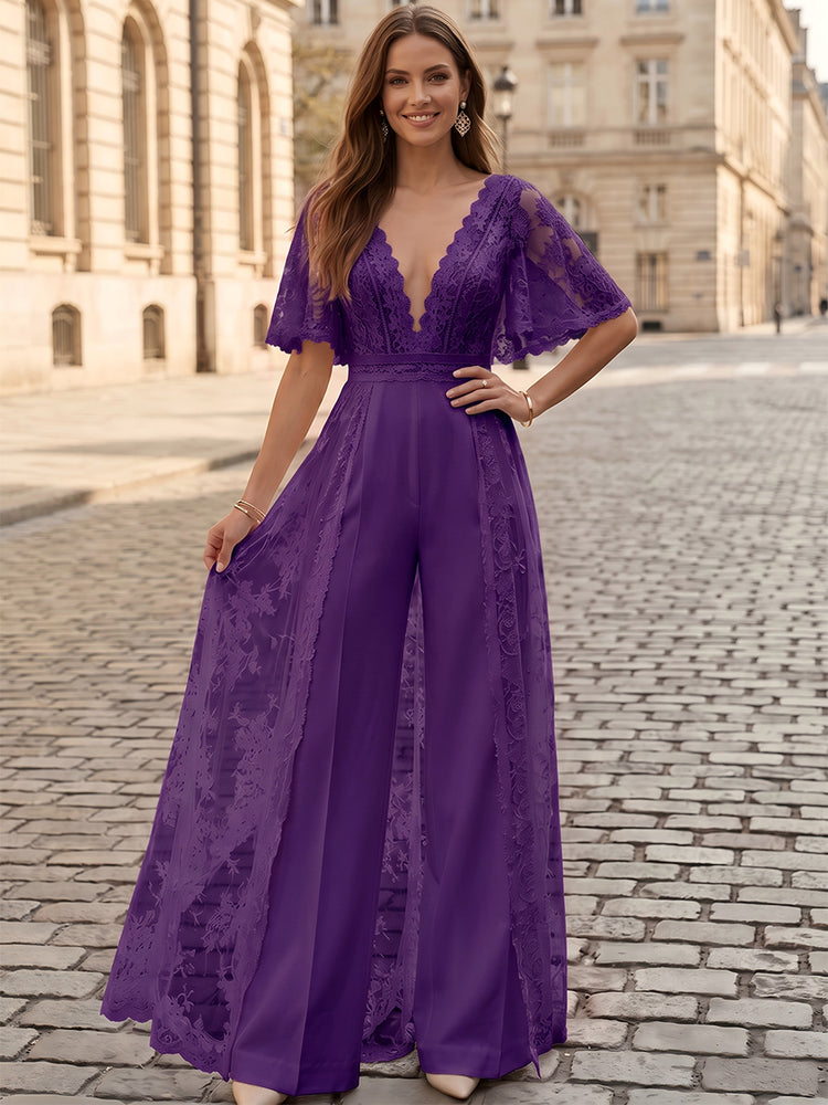 Satin Jumpsuit V Neck Long Evening Dresses with Lace Applique