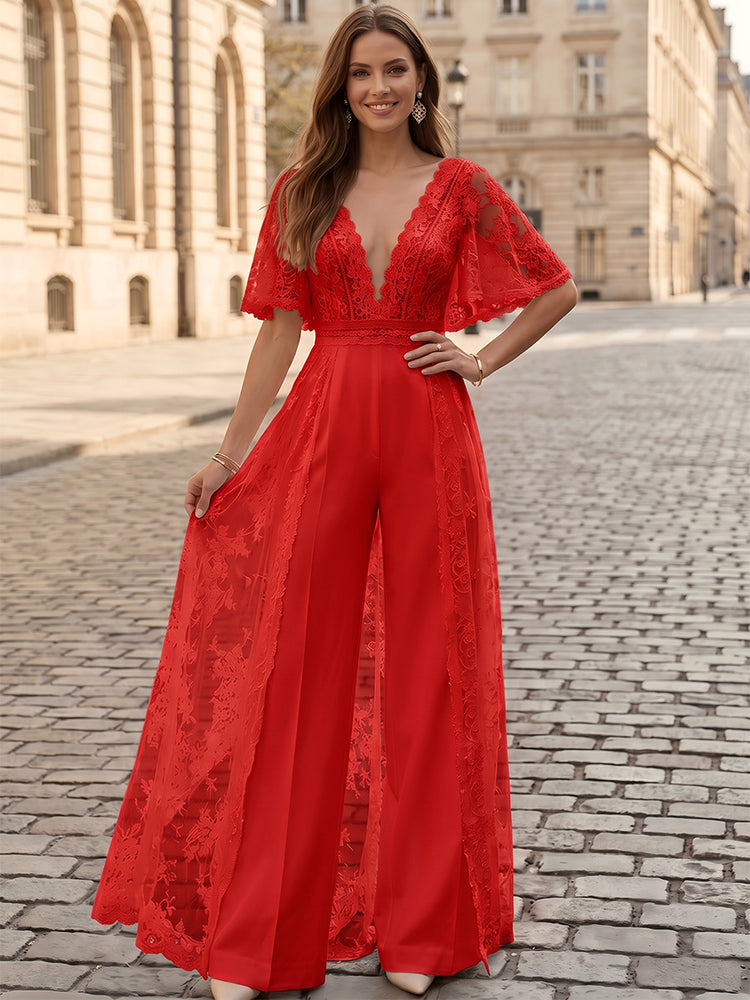 Satin Jumpsuit V Neck Long Evening Dresses with Lace Applique