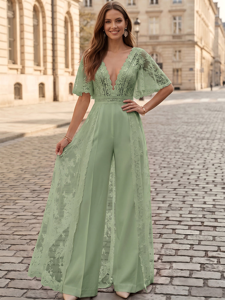 Satin Jumpsuit V Neck Long Evening Dresses with Lace Applique