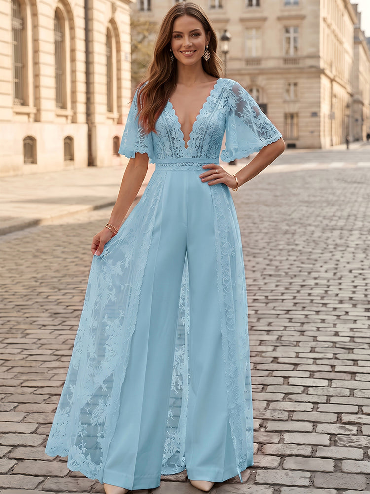 Satin Jumpsuit V Neck Long Evening Dresses with Lace Applique