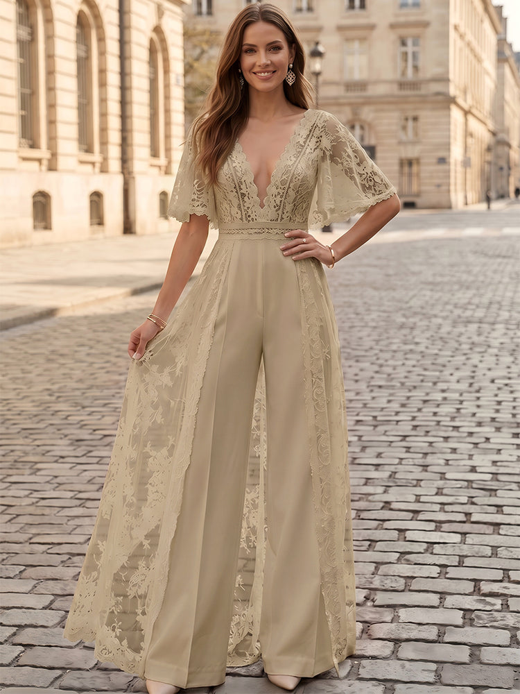 Satin Jumpsuit V Neck Long Evening Dresses with Lace Applique