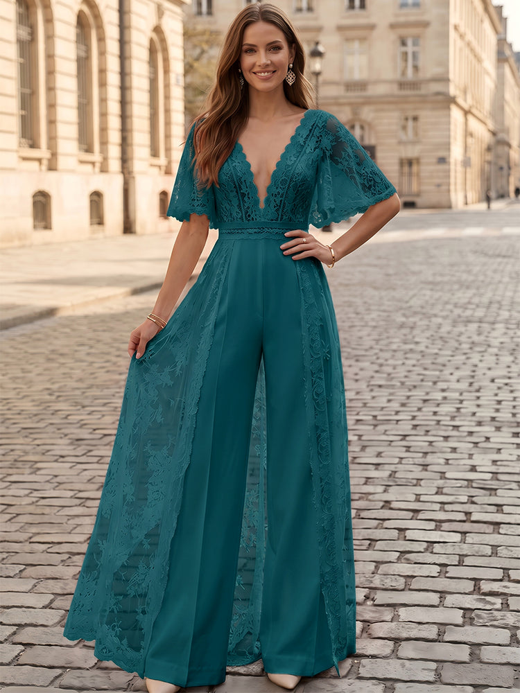 Satin Jumpsuit V Neck Long Evening Dresses with Lace Applique