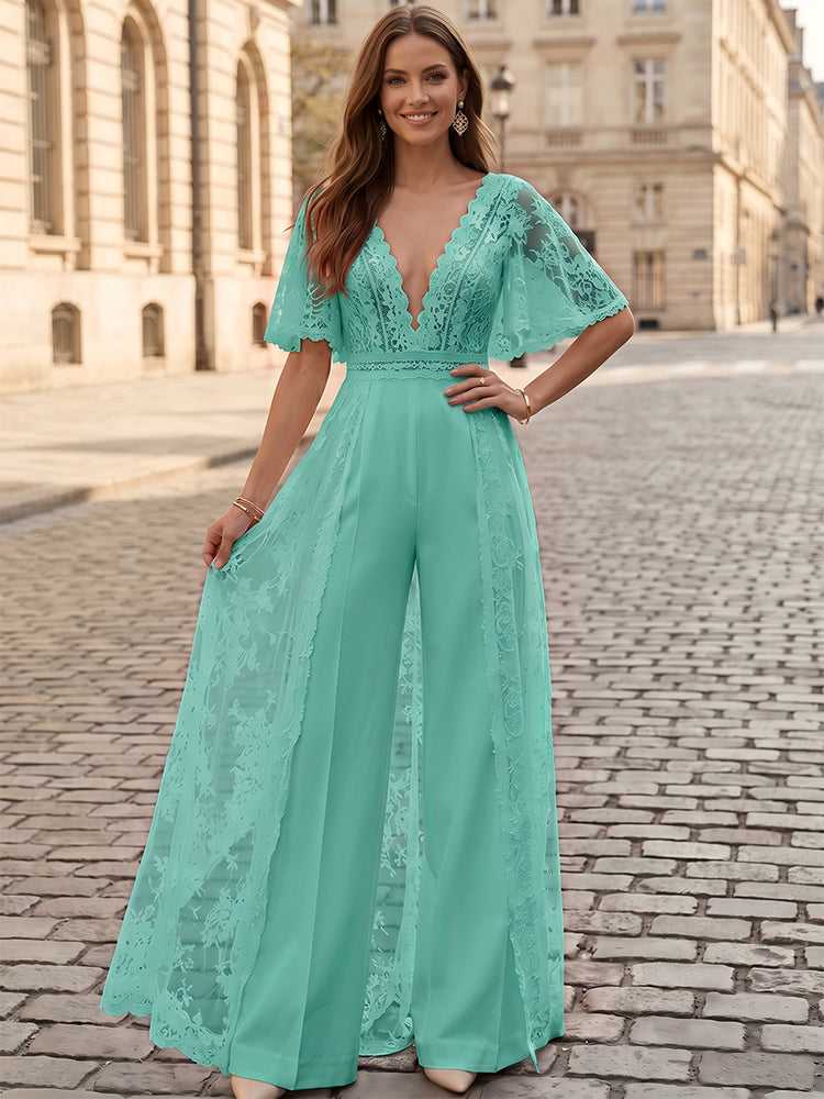 Satin Jumpsuit V Neck Long Evening Dresses with Lace Applique