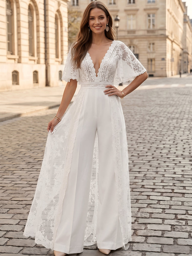 Satin Jumpsuit V Neck Long Evening Dresses with Lace Applique