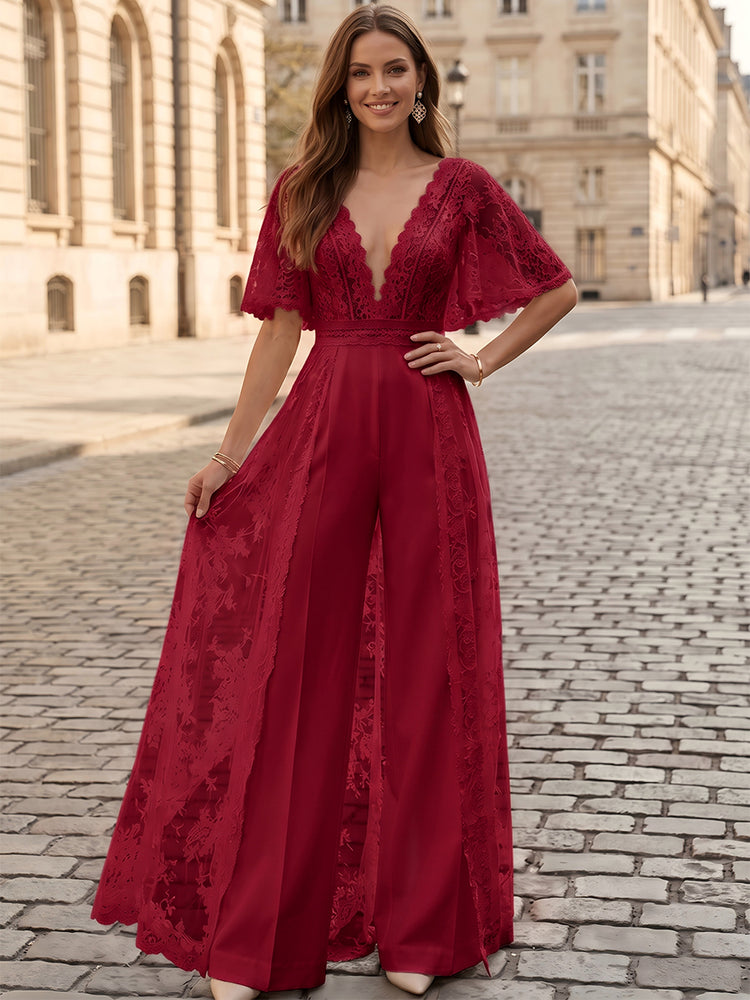 Satin Jumpsuit V Neck Long Evening Dresses with Lace Applique