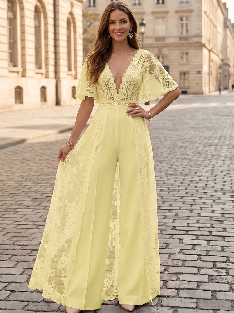 Satin Jumpsuit V Neck Long Evening Dresses with Lace Applique