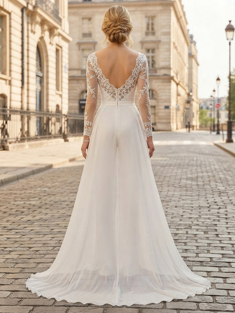 Satin Jumpsuit Sweetheart Long Evening Dresses with Lace Applique