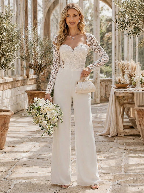 Satin Jumpsuit Sweetheart Long Evening Dresses with Lace Applique