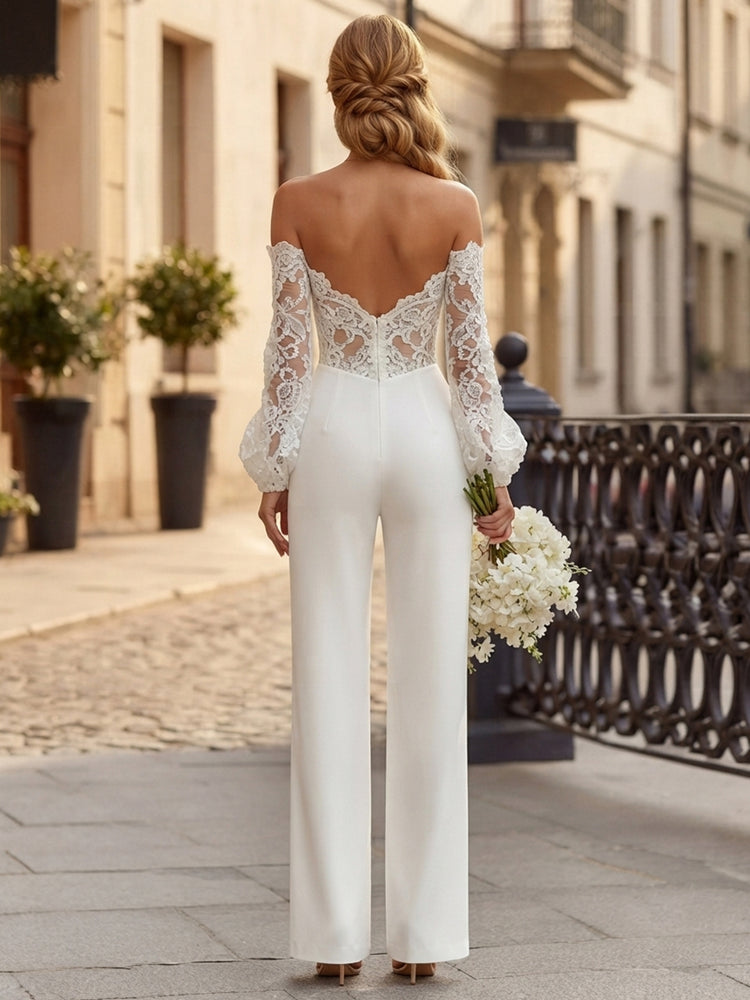 Satin Jumpsuit Off the Shoulder Long Evening Dresses with Lace Applique
