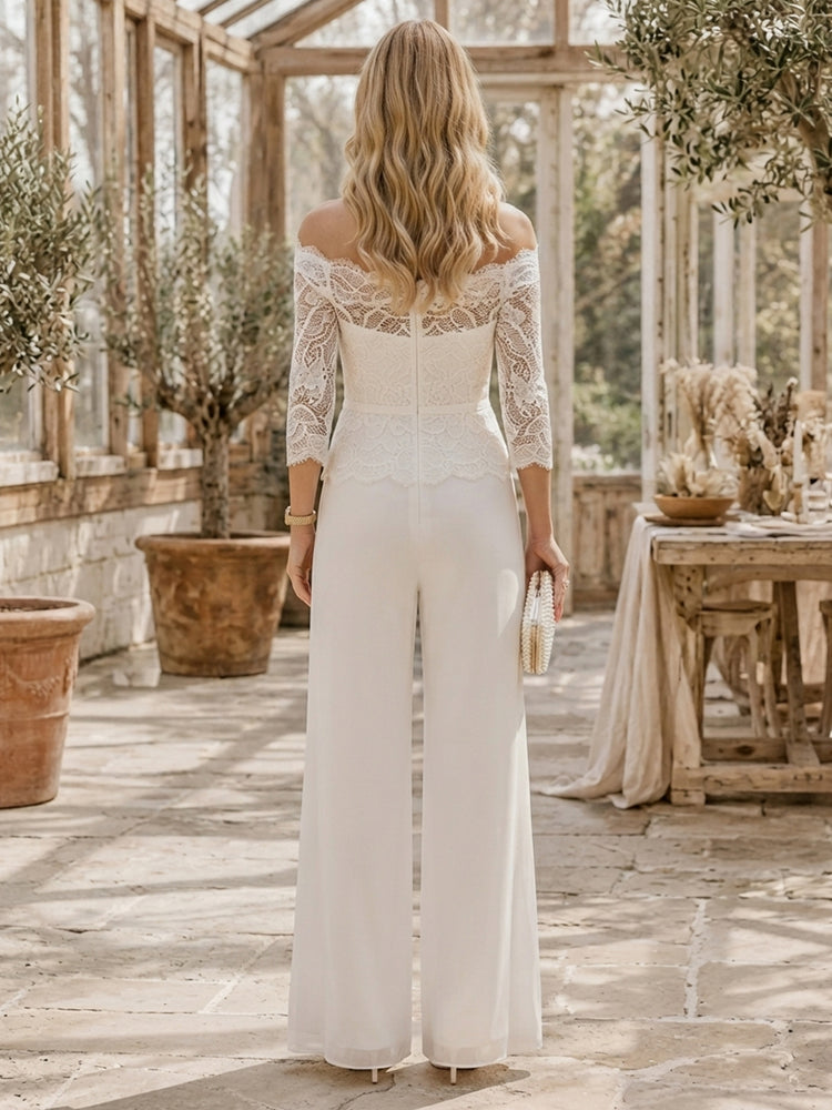 Chiffon Jumpsuit Off the Shoulder Long Evening Dresses with Lace Applique