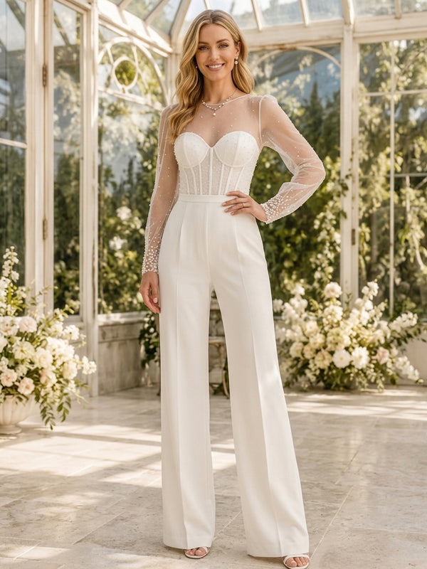 Satin Jumpsuit Scoop Neck Long Evening Dresses with Beadings