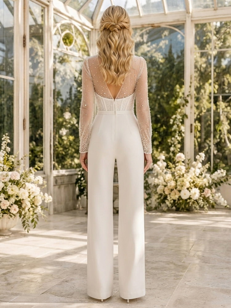 Satin Jumpsuit Scoop Neck Long Evening Dresses with Beadings