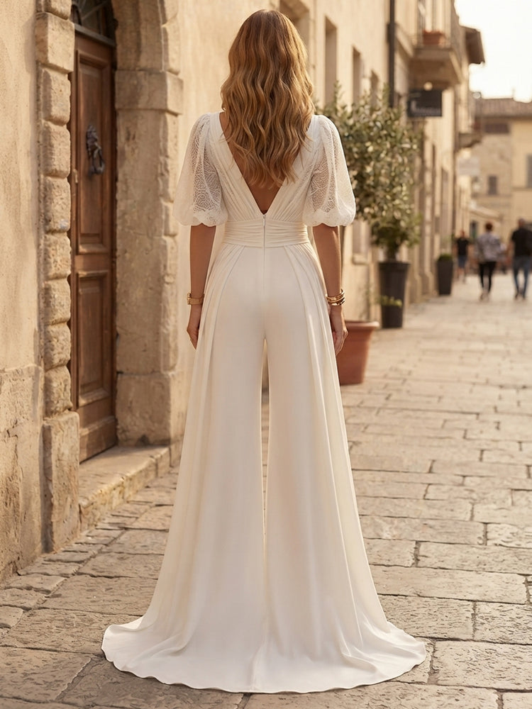 Satin Jumpsuit V Neck Long Evening Dresses with Pocket