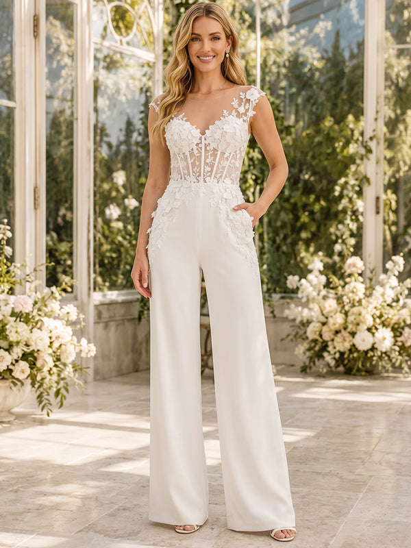 Satin Jumpsuit V Neck Long Evening Dresses with 3D Flowers