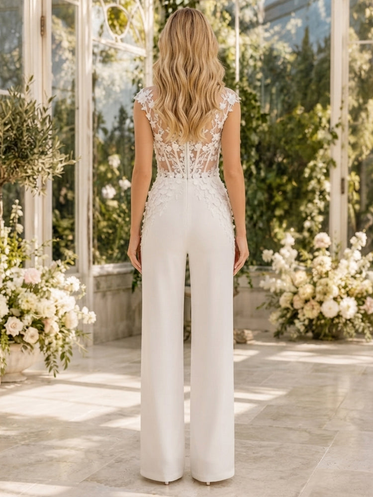Satin Jumpsuit V Neck Long Evening Dresses with 3D Flowers