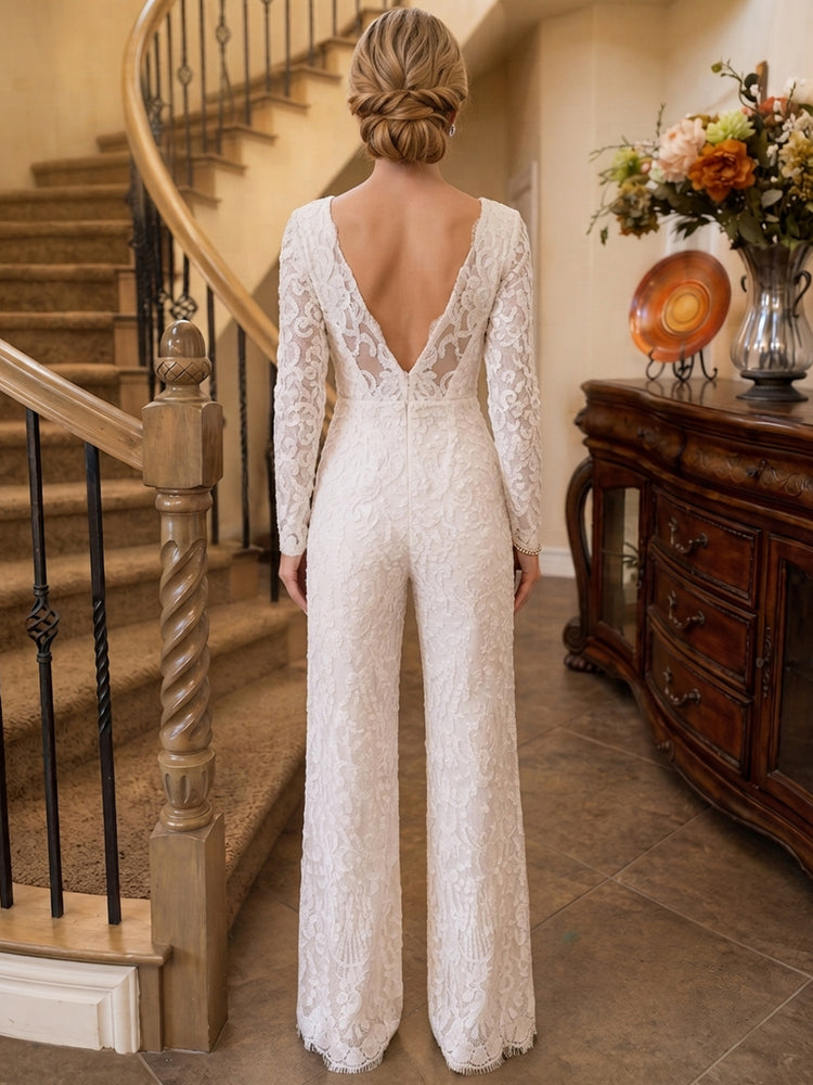 Lace Appliques Jumpsuit V Neck Long Evening Dresses with Pocket