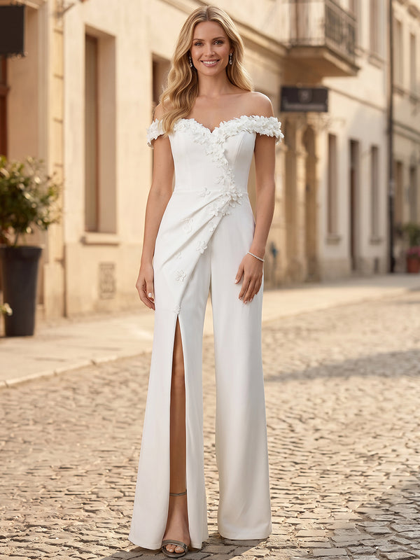 Satin Jumpsuit Off the Shoulder Long Evening Dresses with 3D Flowers