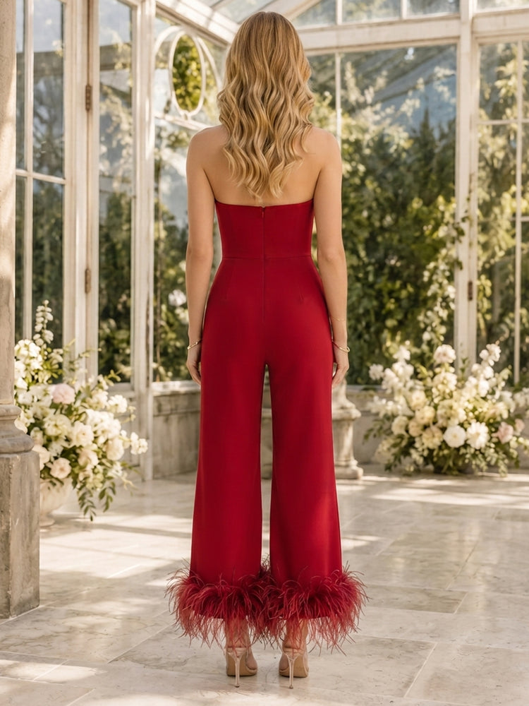 Satin Jumpsuit Strapless Long Evening Dresses with Feather
