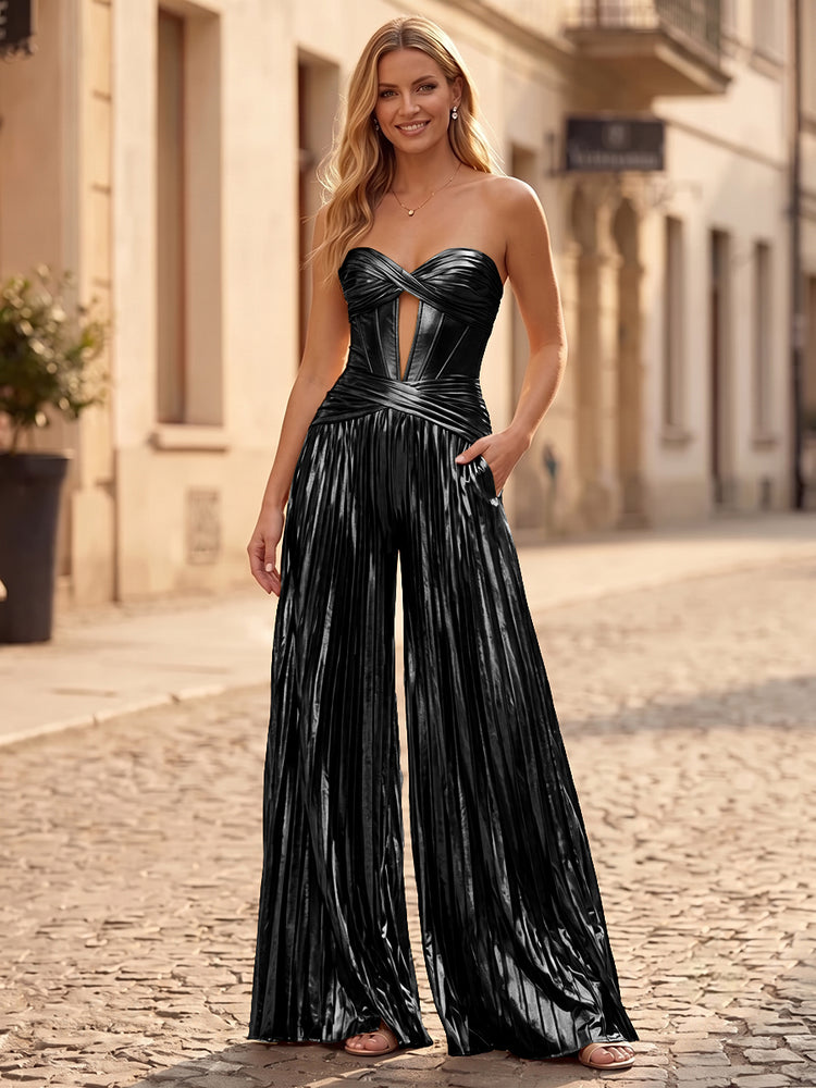 Metallic Satin Jumpsuit Sweetheart Long Evening Dresses with Pleats