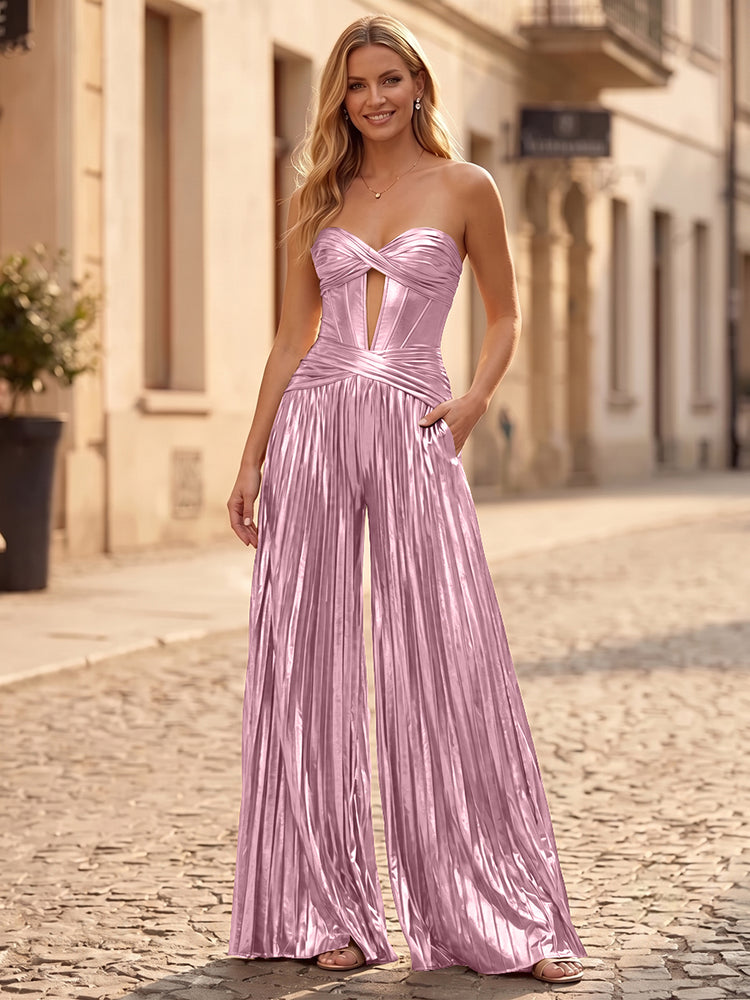 Metallic Satin Jumpsuit Sweetheart Long Evening Dresses with Pleats