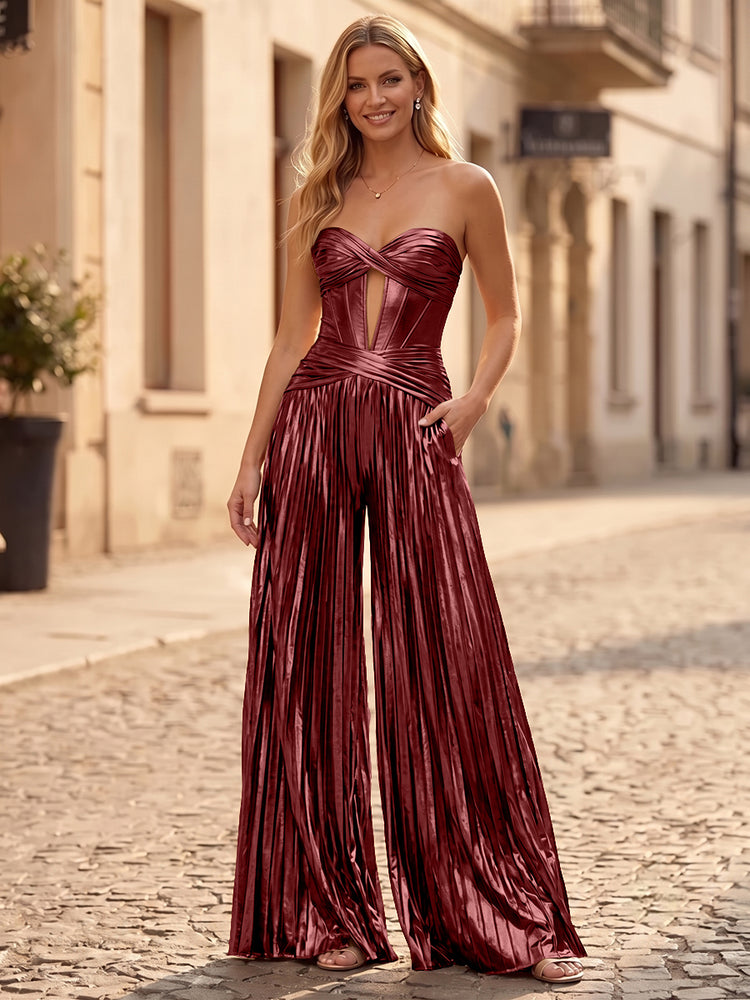 Metallic Satin Jumpsuit Sweetheart Long Evening Dresses with Pleats